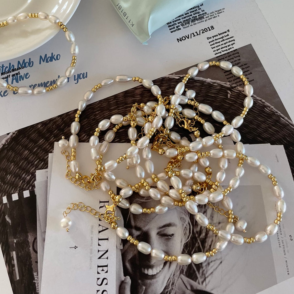 Classic Natural Rice Pearl Bracelet - 14K Gold Filled Adjustable Chain