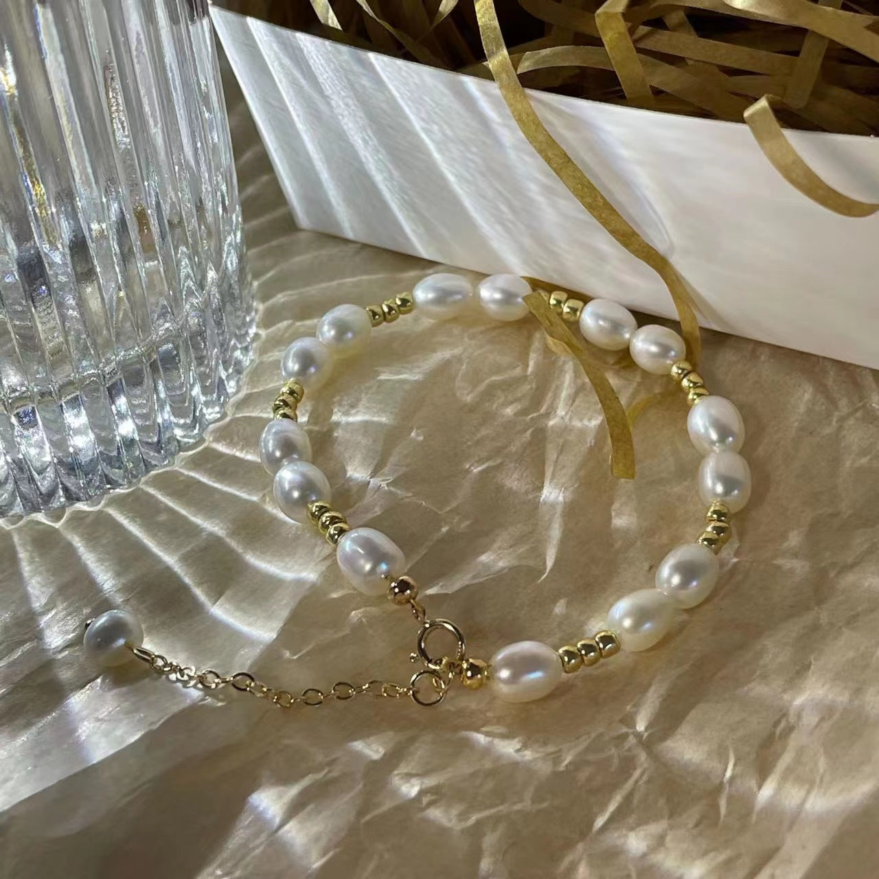Classic Natural Rice Pearl Bracelet - 14K Gold Filled Adjustable Chain