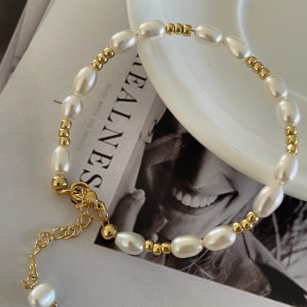 Classic Natural Rice Pearl Bracelet - 14K Gold Filled Adjustable Chain