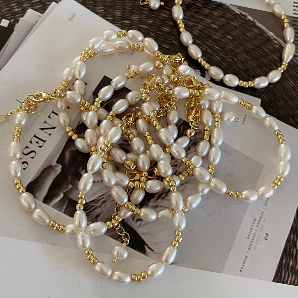 Classic Natural Rice Pearl Bracelet - 14K Gold Filled Adjustable Chain
