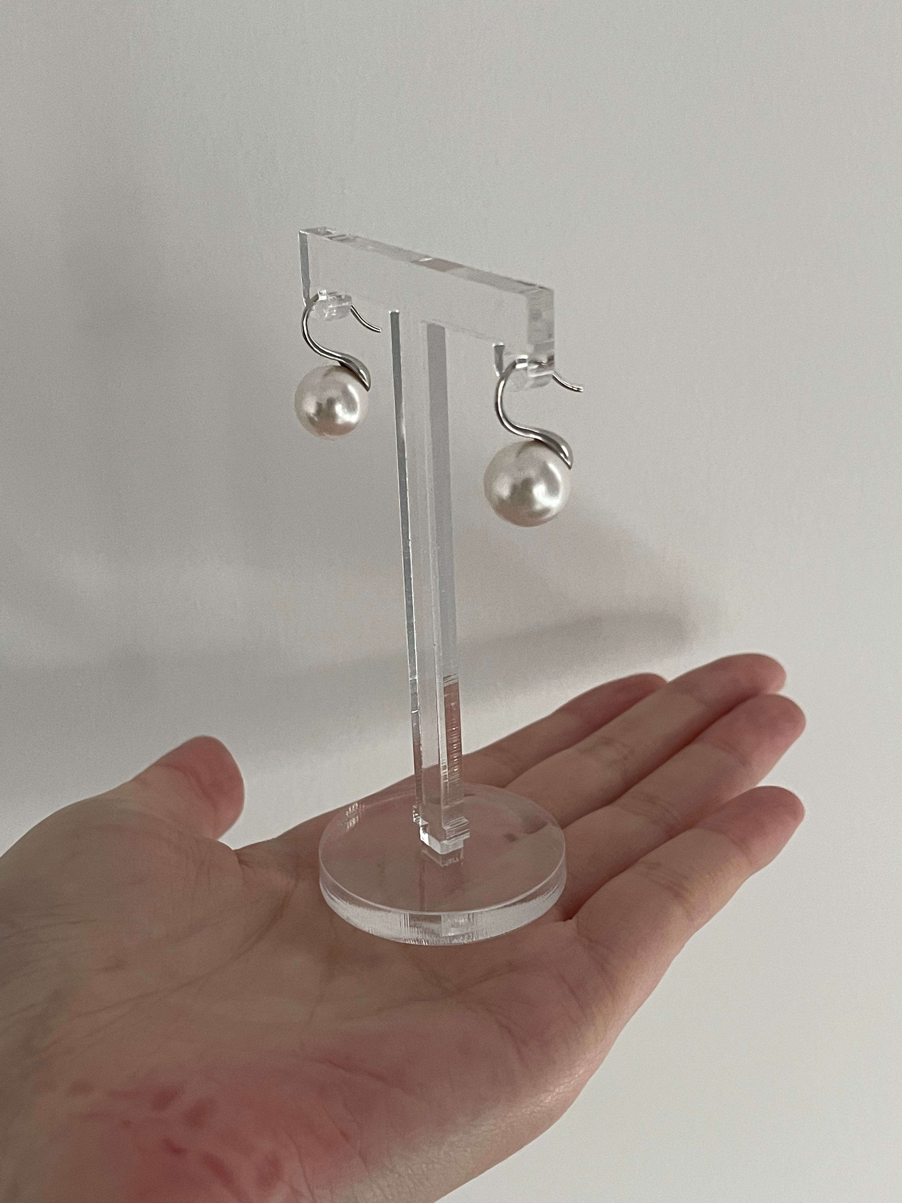 The 'Stiletto' Modern Curve Earrings - 10mm Swarovski Pearls & White Gold Finish