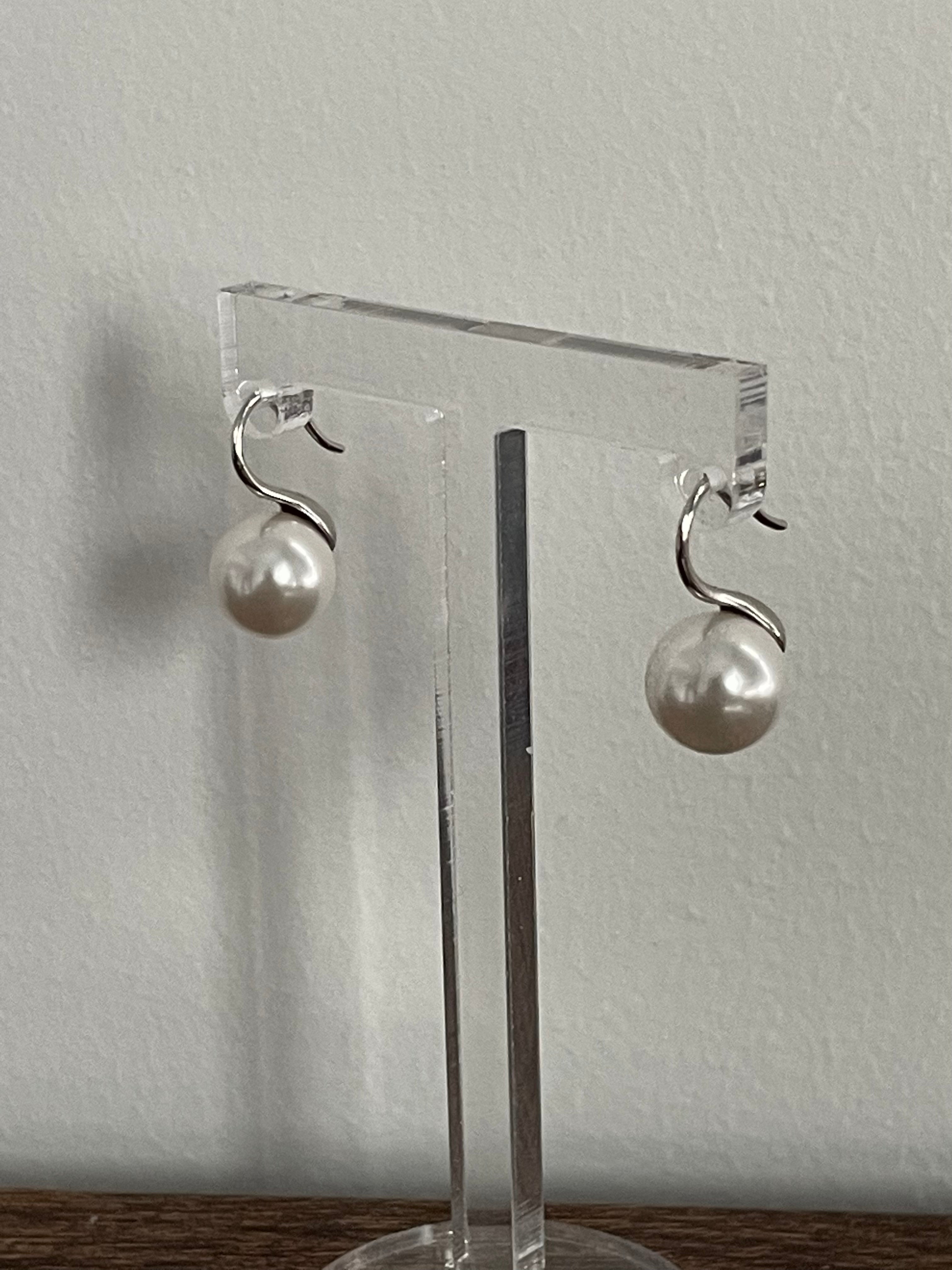 The 'Stiletto' Modern Curve Earrings - 10mm Swarovski Pearls & White Gold Finish