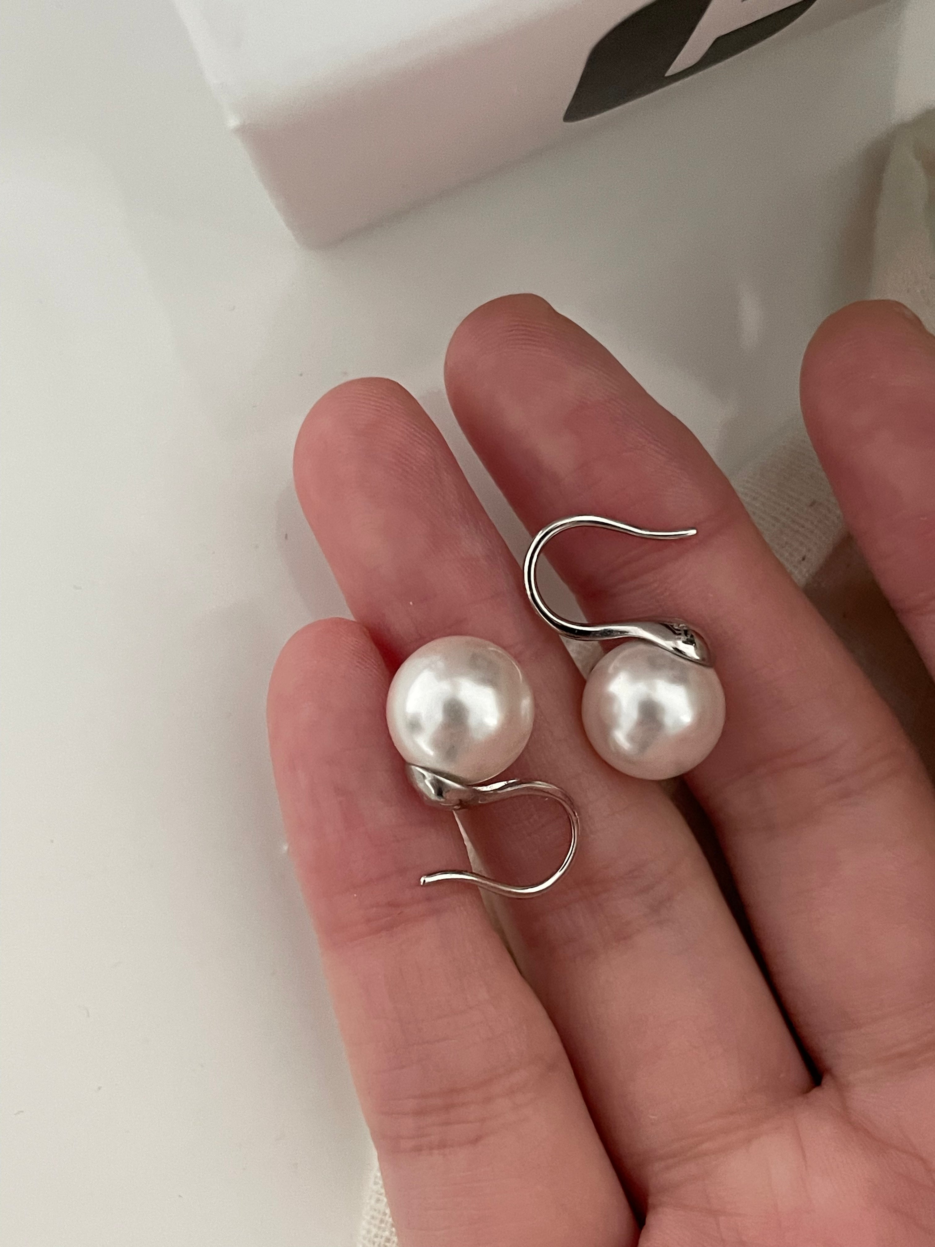 The 'Stiletto' Modern Curve Earrings - 10mm Swarovski Pearls & White Gold Finish