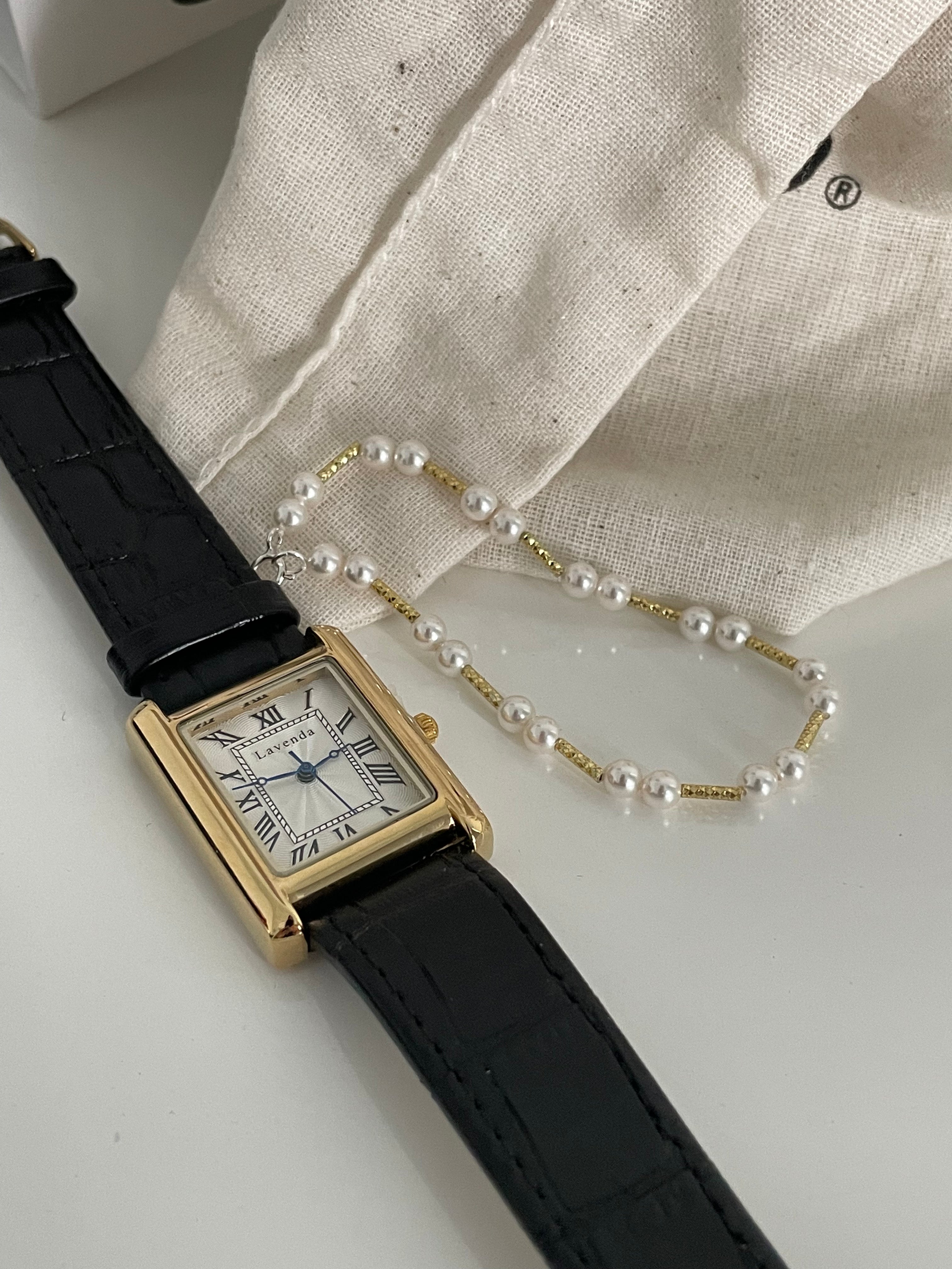 Classic Rhythm Swarovski Pearl & Textured Gold Bar Bracelet - S925 Silver Plated