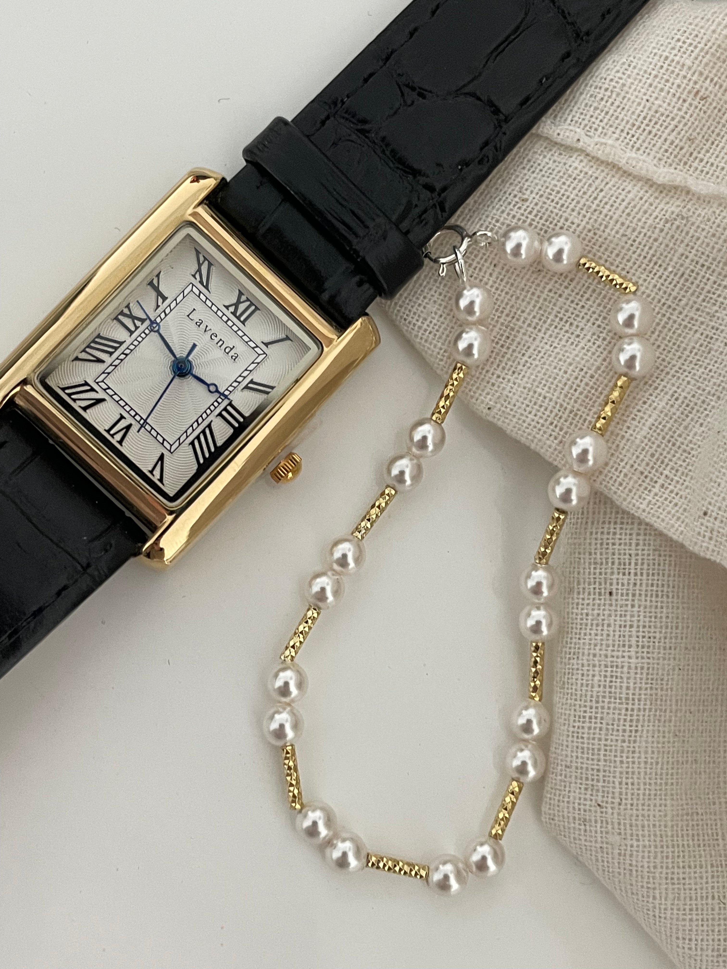 Classic Rhythm Swarovski Pearl & Textured Gold Bar Bracelet - S925 Silver Plated