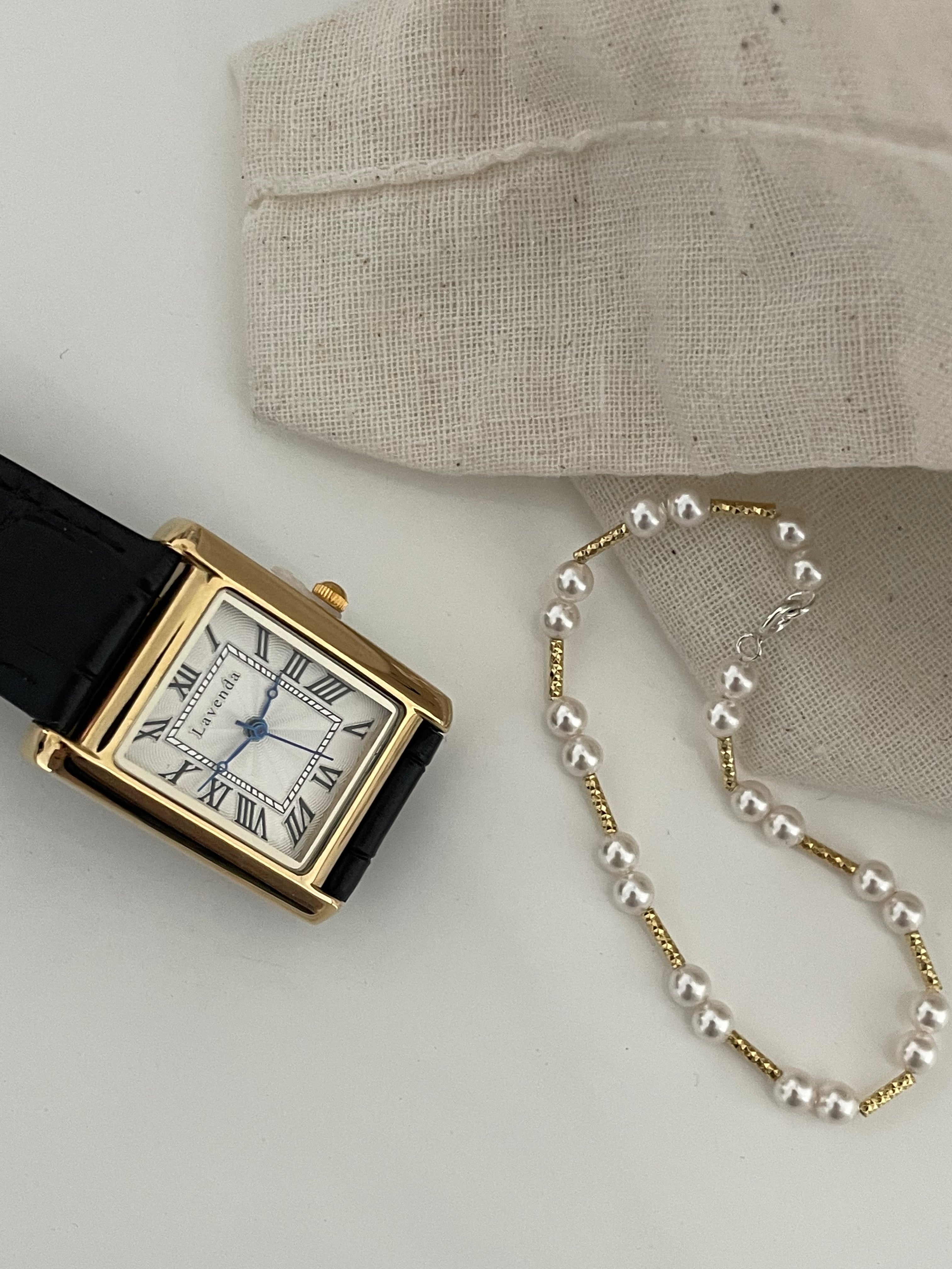 Classic Rhythm Swarovski Pearl & Textured Gold Bar Bracelet - S925 Silver Plated