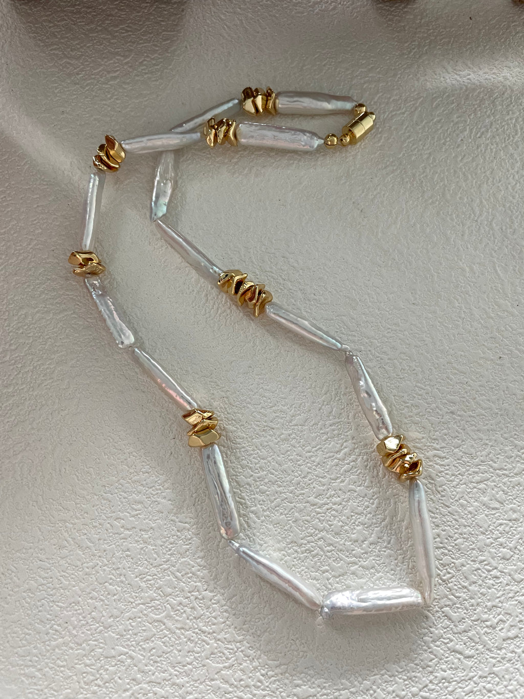 The 'Geo-Organic' Statement Necklace - Stick Baroque Pearls & Textured 14K Gold Filled