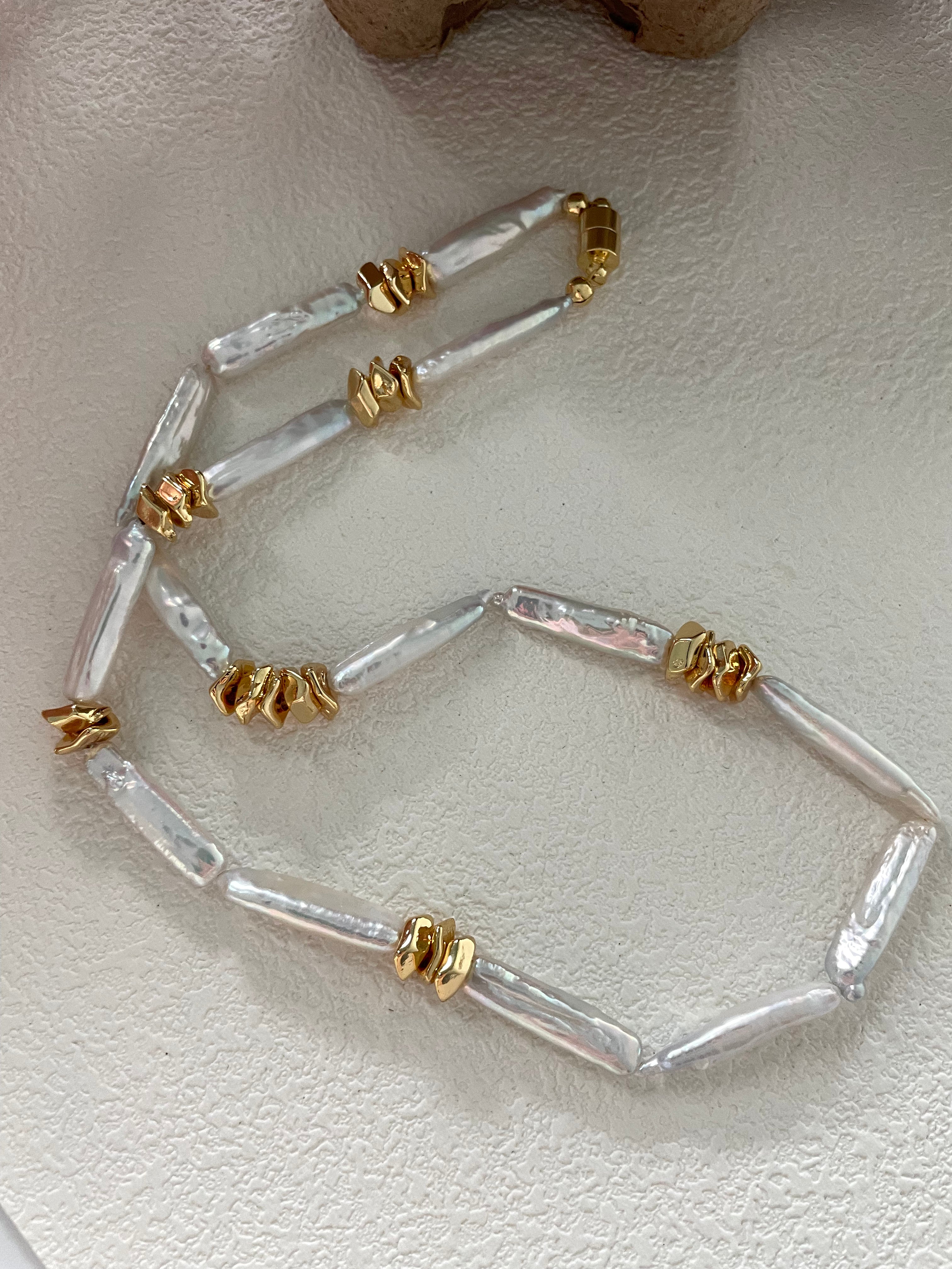 The 'Geo-Organic' Statement Necklace - Stick Baroque Pearls & Textured 14K Gold Filled