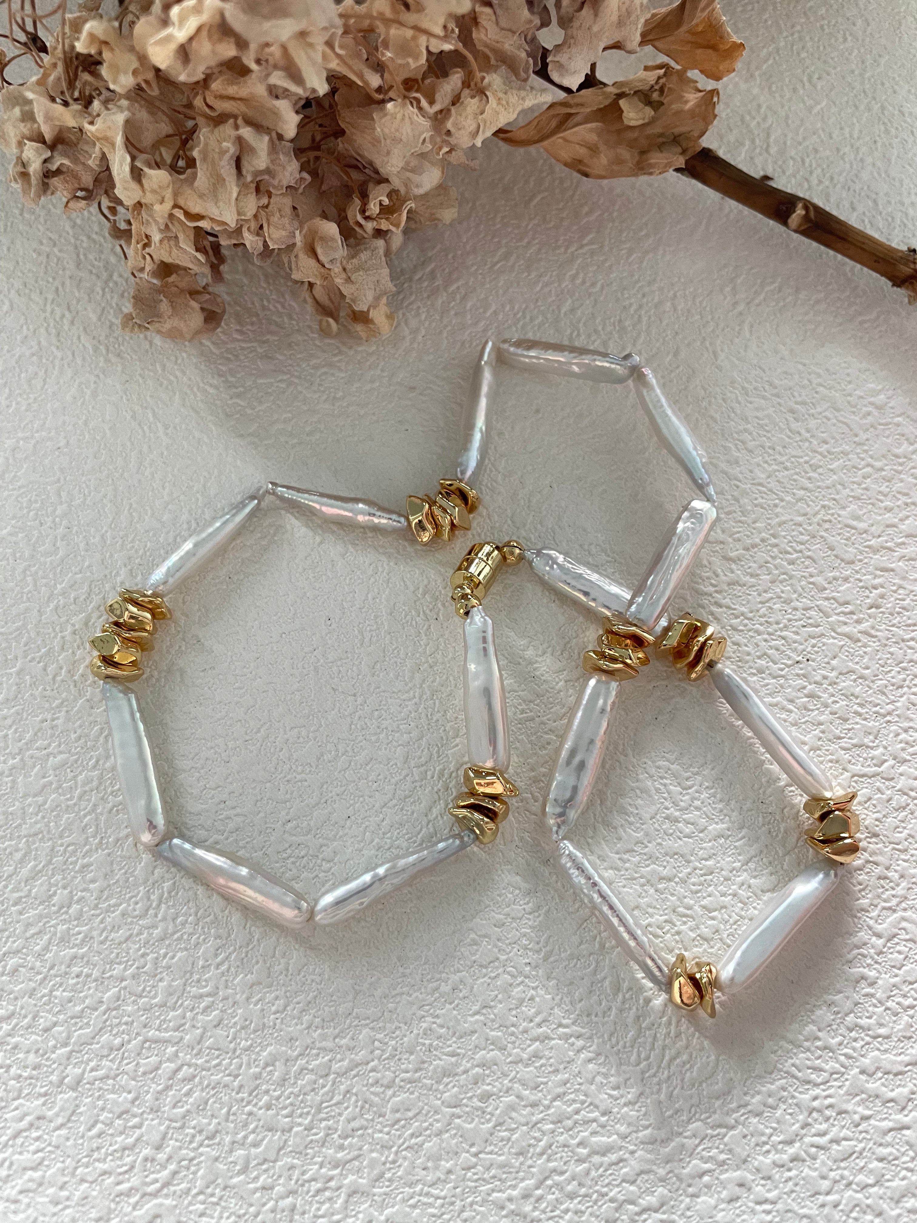 The 'Geo-Organic' Statement Necklace - Stick Baroque Pearls & Textured 14K Gold Filled