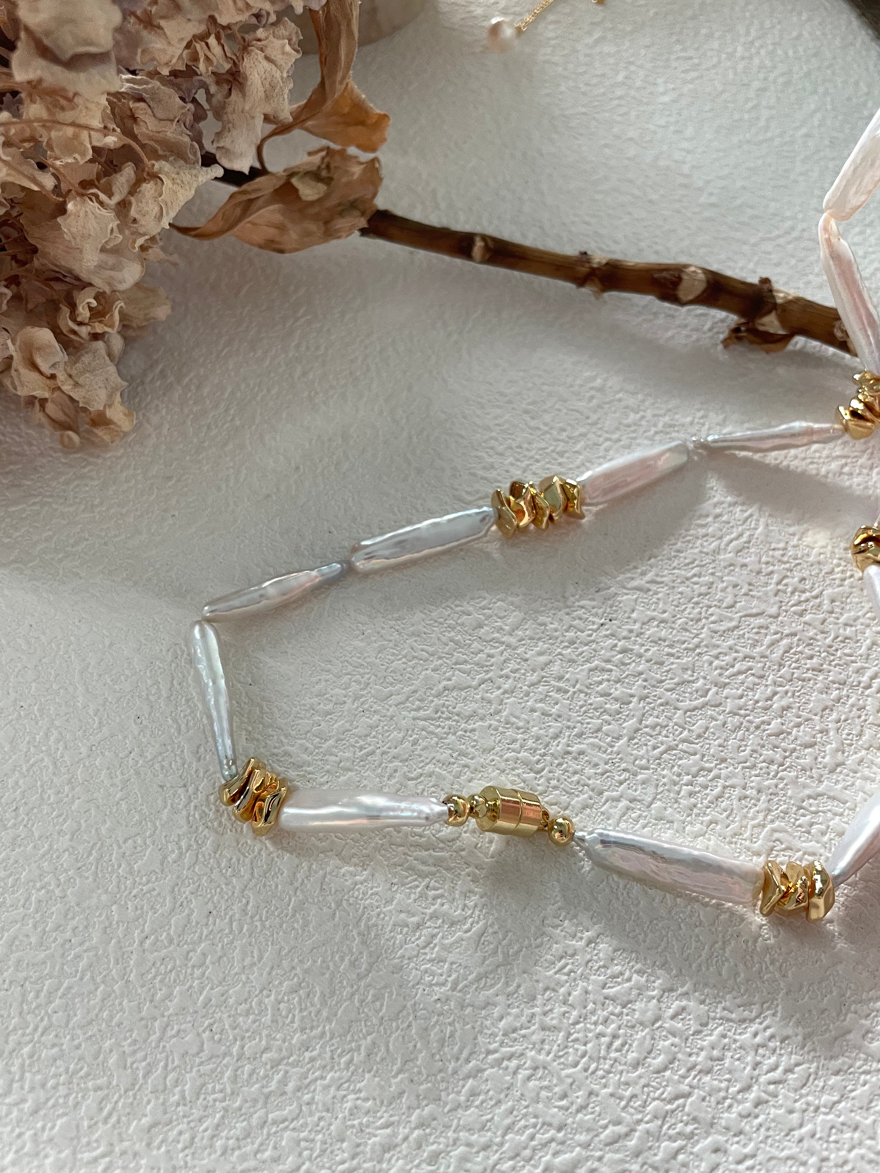 The 'Geo-Organic' Statement Necklace - Stick Baroque Pearls & Textured 14K Gold Filled