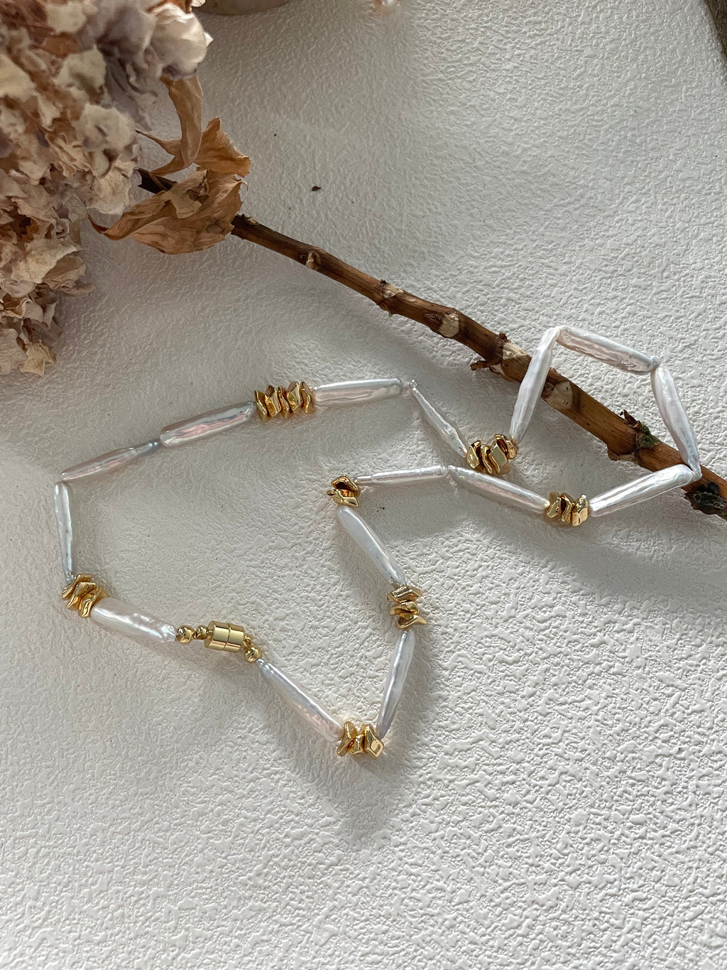 The 'Geo-Organic' Statement Necklace - Stick Baroque Pearls & Textured 14K Gold Filled