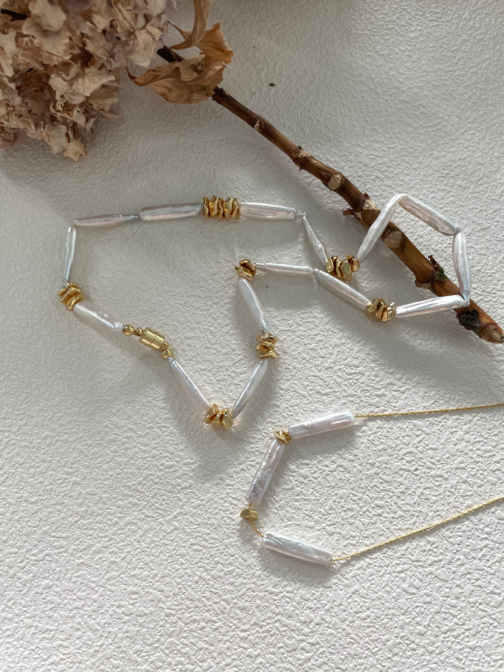 The 'Geo-Organic' Statement Necklace - Stick Baroque Pearls & Textured 14K Gold Filled