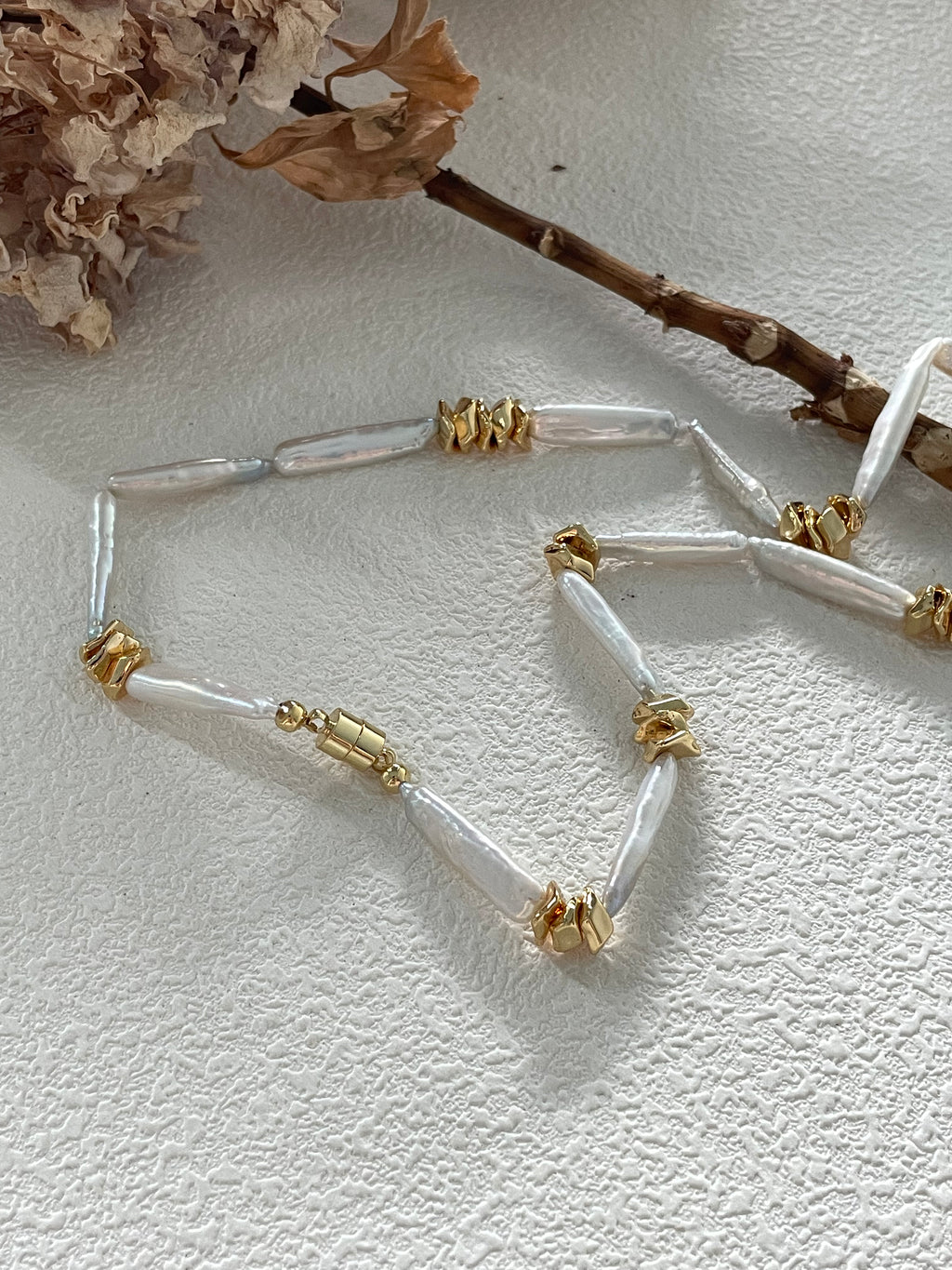 The 'Geo-Organic' Statement Necklace - Stick Baroque Pearls & Textured 14K Gold Filled