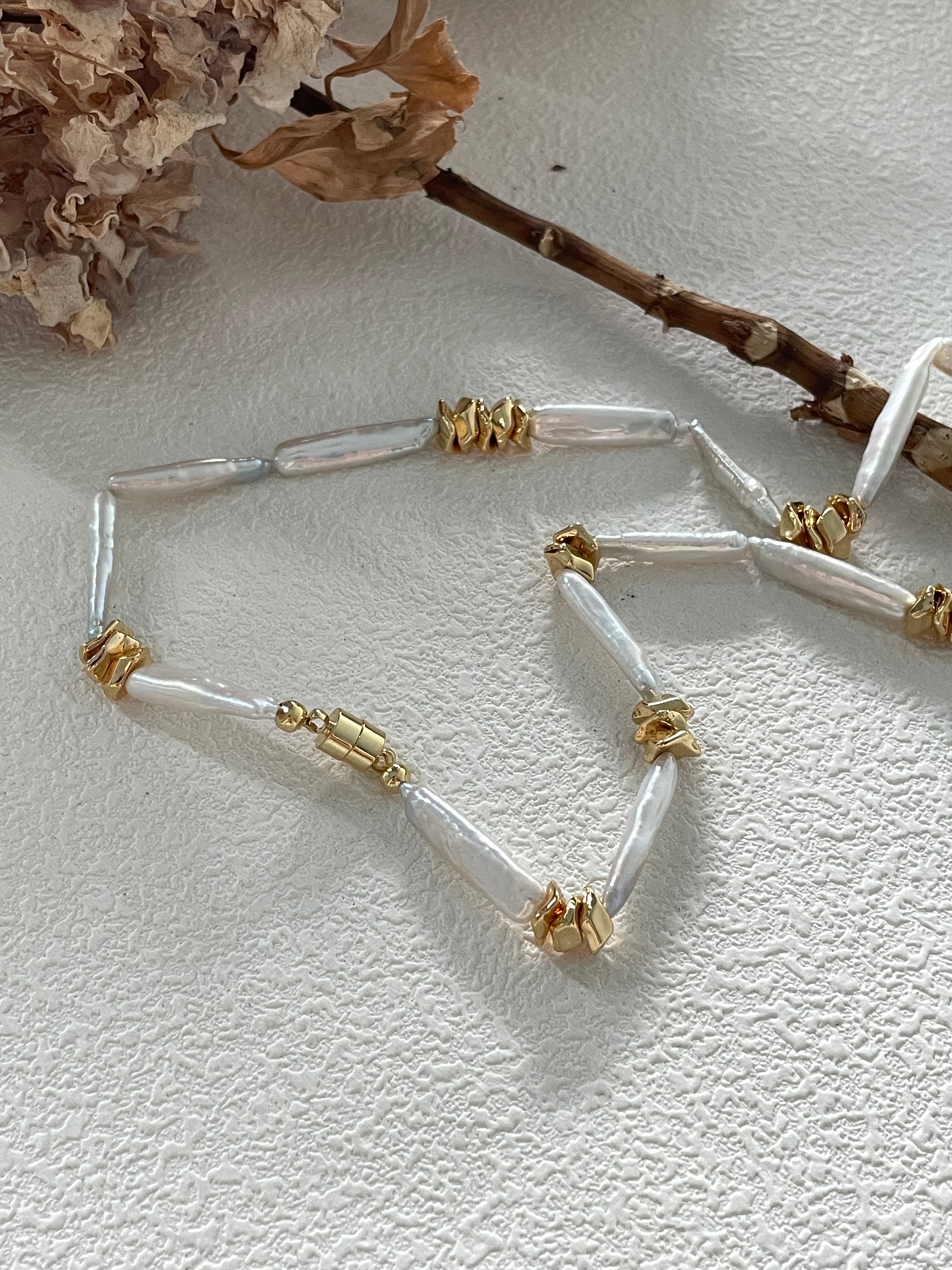 The 'Geo-Organic' Statement Necklace - Stick Baroque Pearls & Textured 14K Gold Filled