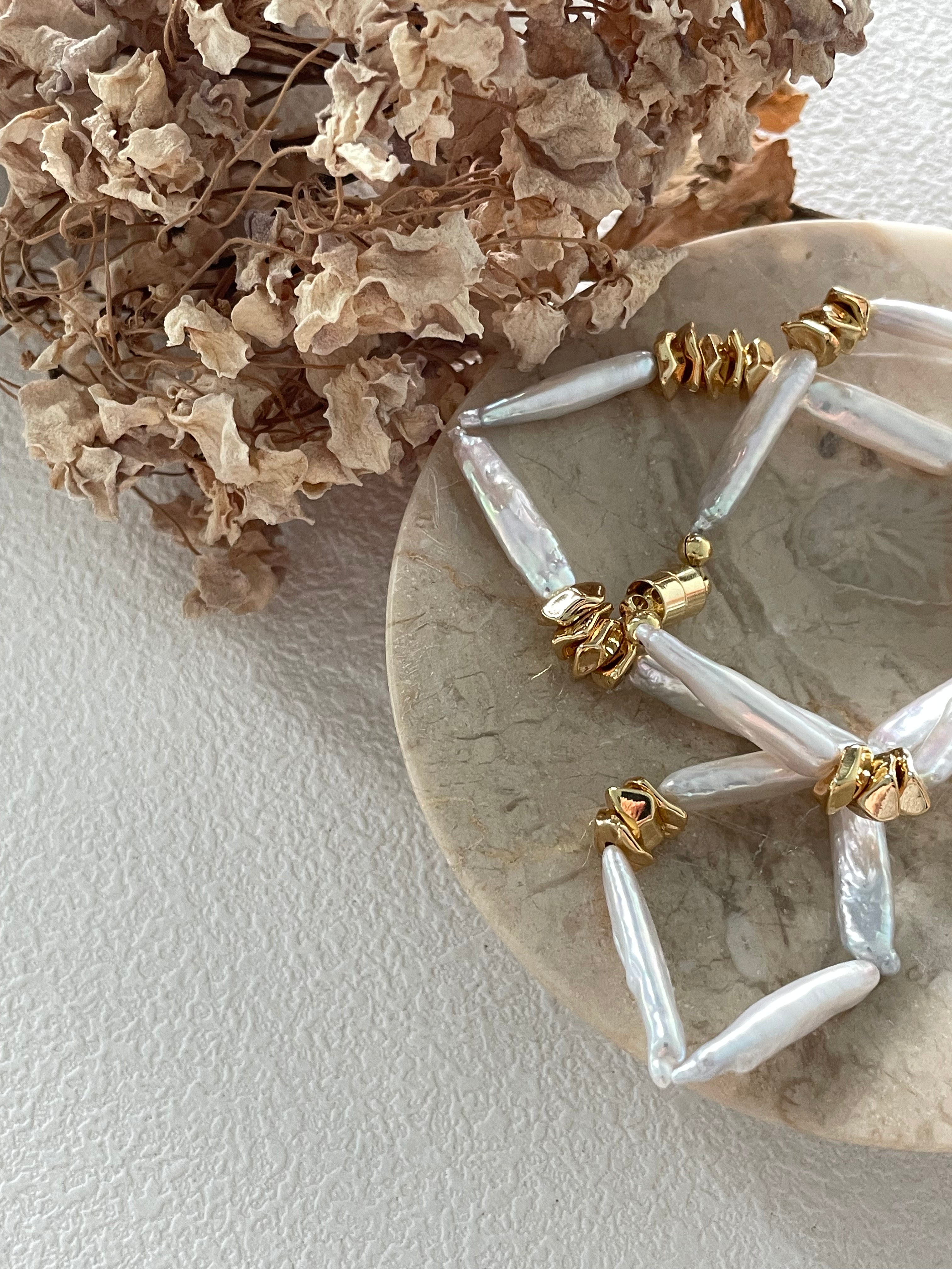 The 'Geo-Organic' Statement Necklace - Stick Baroque Pearls & Textured 14K Gold Filled