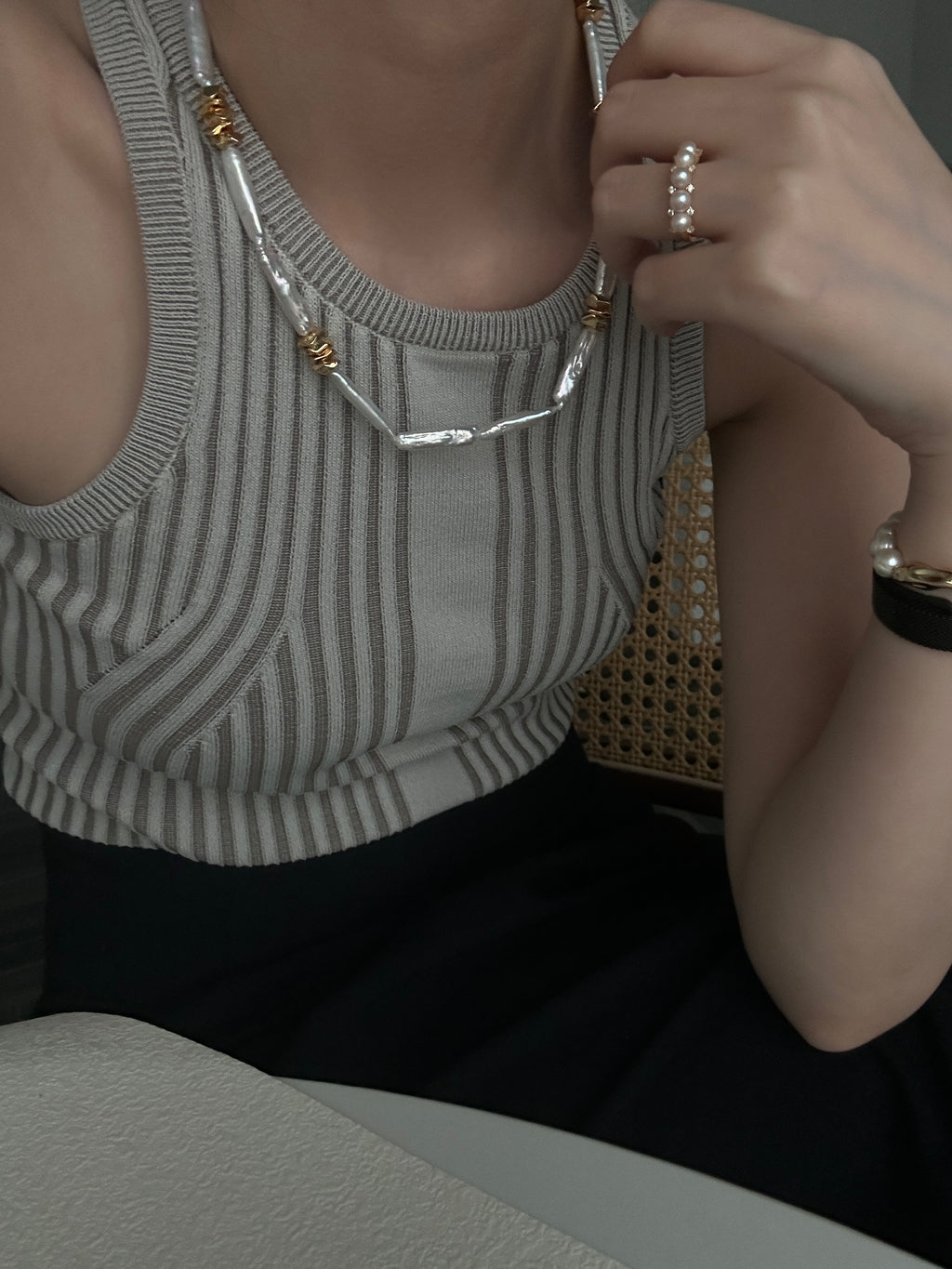 The 'Geo-Organic' Statement Necklace - Stick Baroque Pearls & Textured 14K Gold Filled