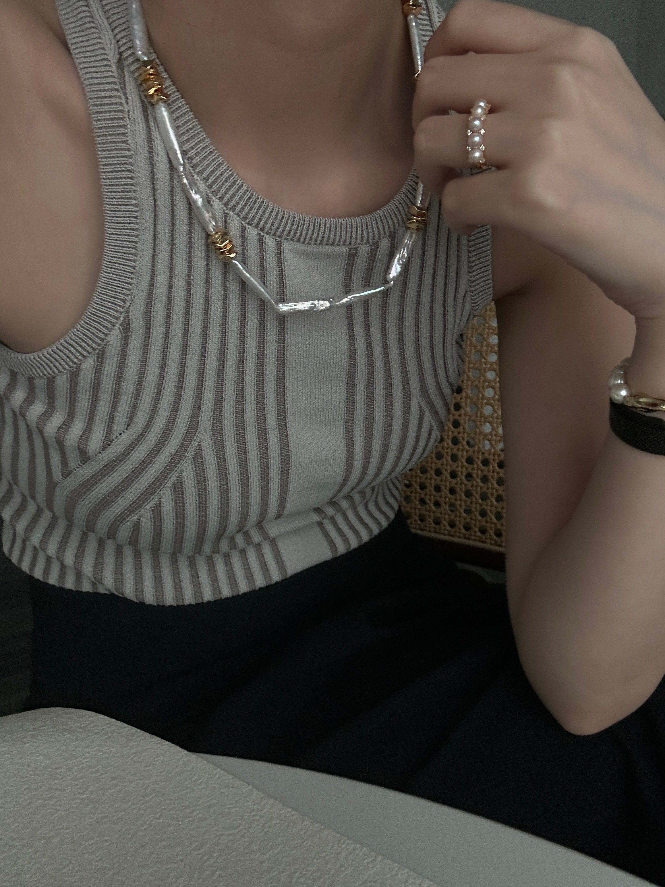 The 'Geo-Organic' Statement Necklace - Stick Baroque Pearls & Textured 14K Gold Filled