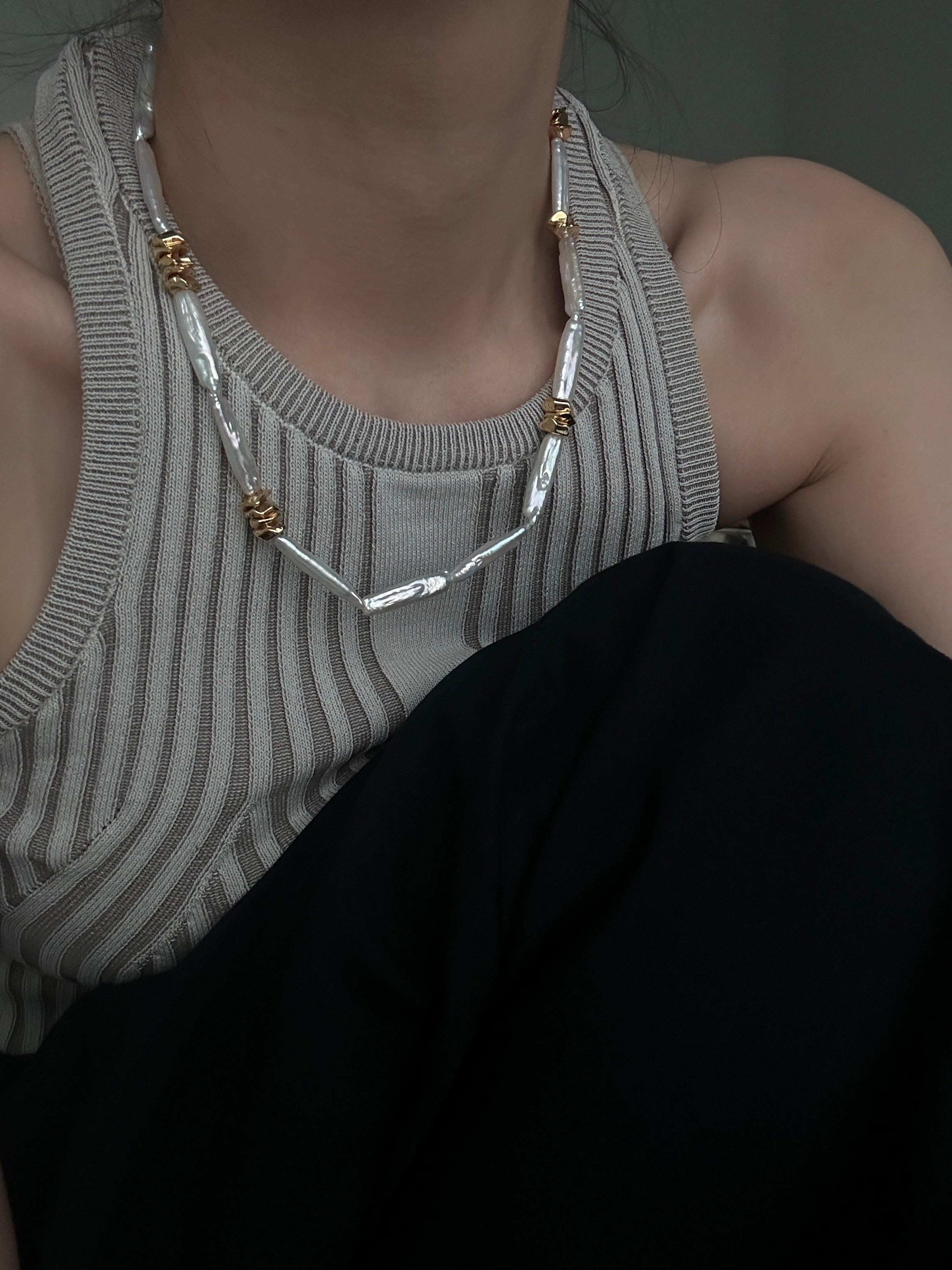 The 'Geo-Organic' Statement Necklace - Stick Baroque Pearls & Textured 14K Gold Filled