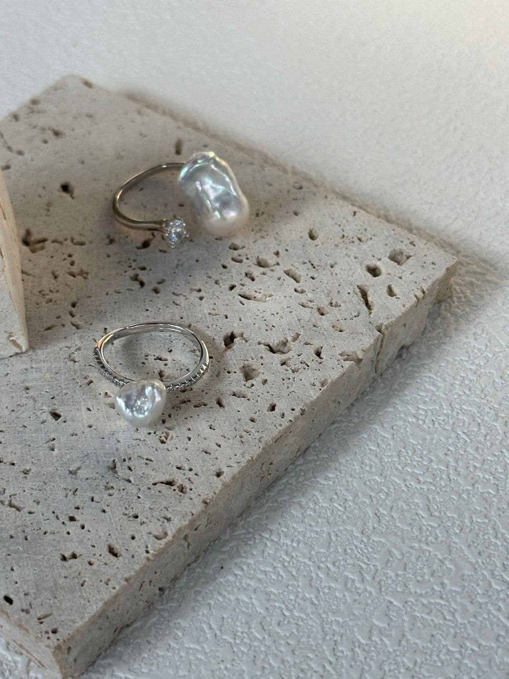 Silver-Blue Baroque Pearl Open Ring with Sparkling Zircon