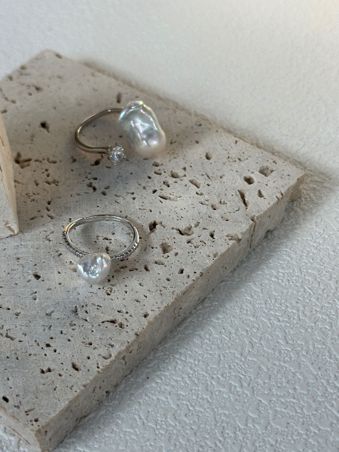 Silver-Blue Baroque Pearl Open Ring with Sparkling Zircon
