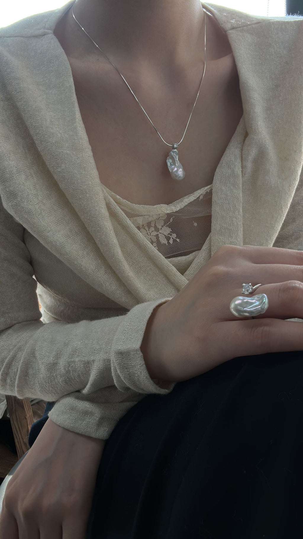 Silver-Blue Baroque Pearl Open Ring with Sparkling Zircon