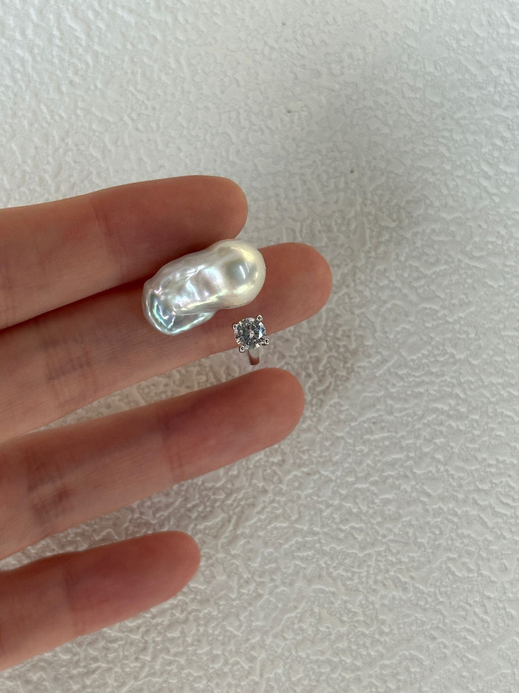 Silver-Blue Baroque Pearl Open Ring with Sparkling Zircon