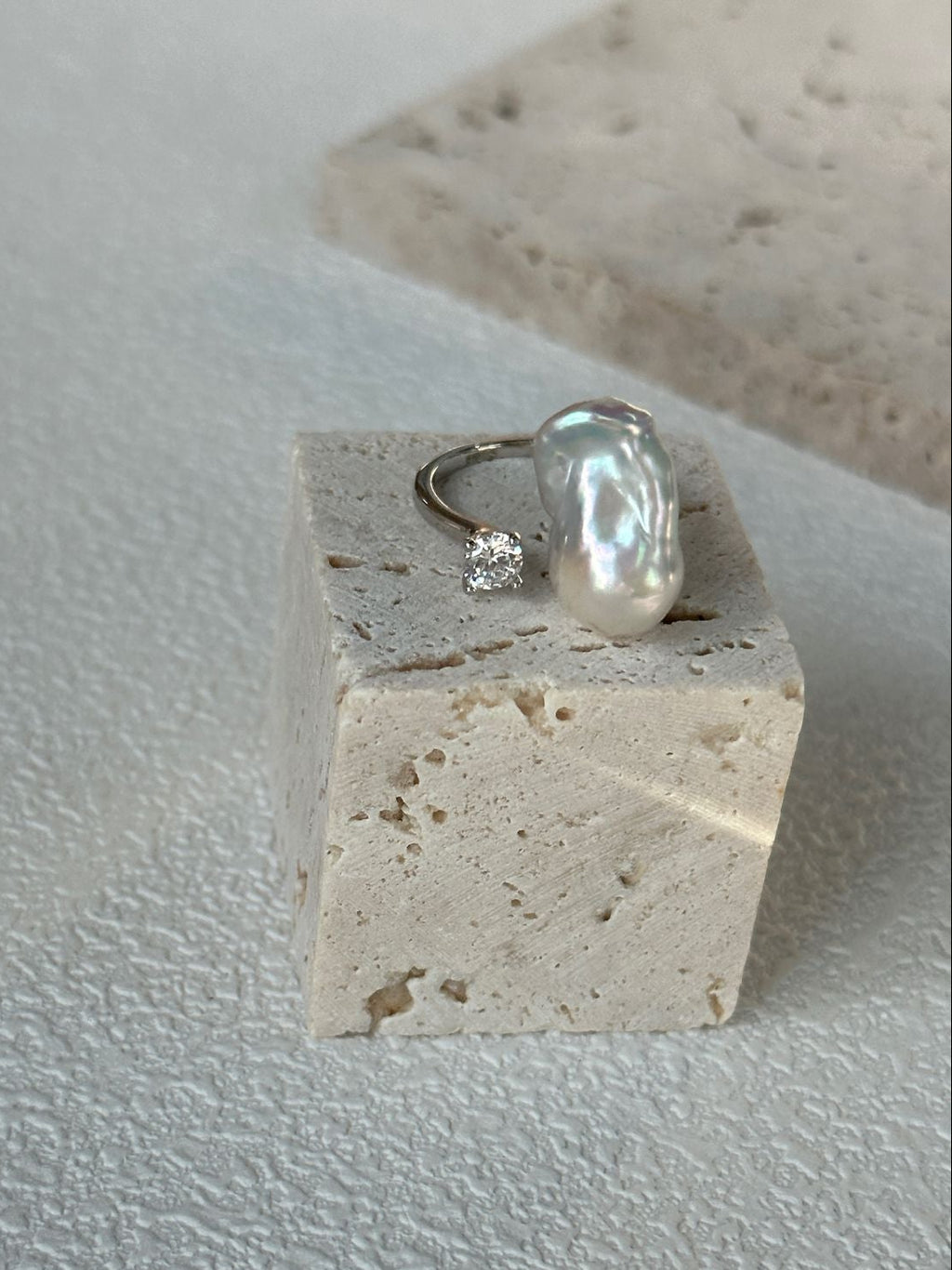 Silver-Blue Baroque Pearl Open Ring with Sparkling Zircon