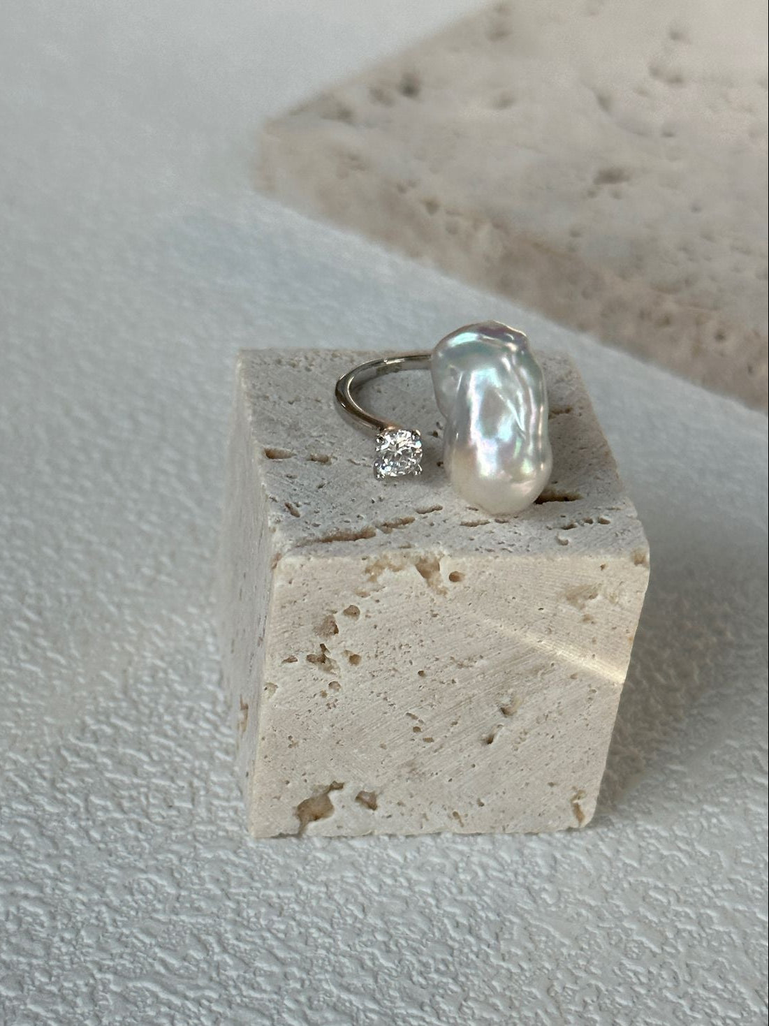 Silver-Blue Baroque Pearl Open Ring with Sparkling Zircon