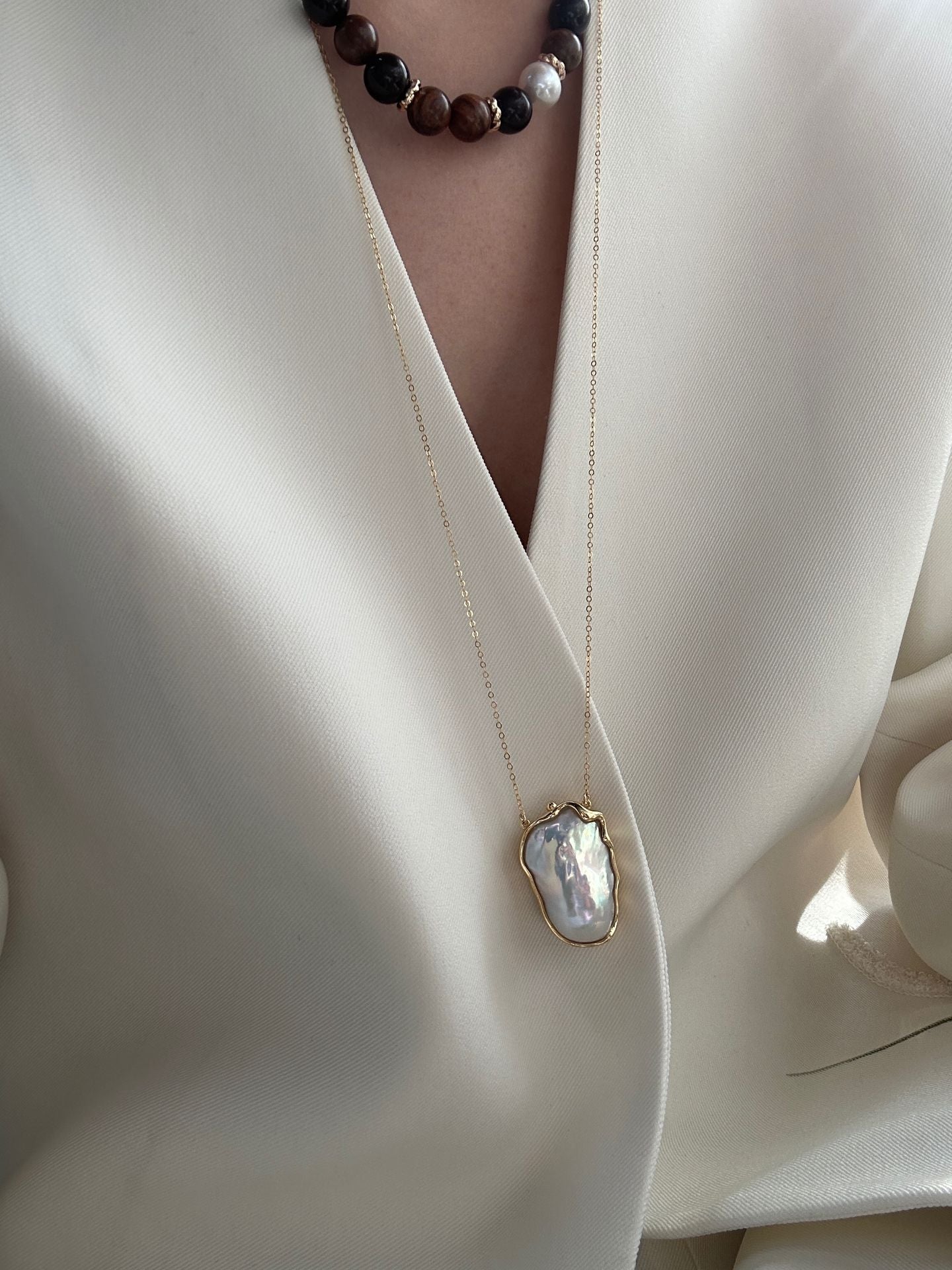 The 'Greta' Giant Metallic Baroque Pearl Necklace - 14K Gold Filled Long Chain