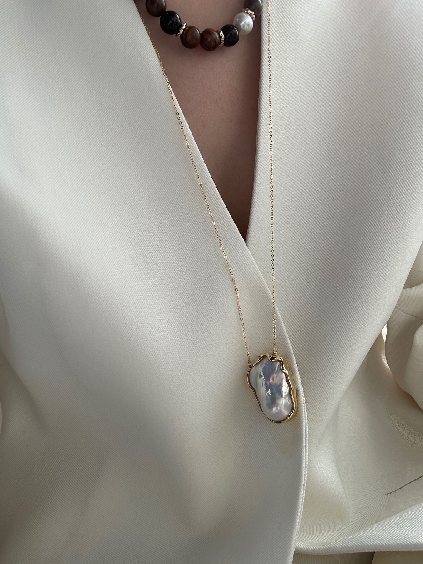 The 'Greta' Giant Metallic Baroque Pearl Necklace - 14K Gold Filled Long Chain