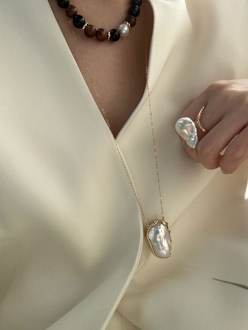 Luxe Curved Pave Bar & Large Baroque Pearl Open Ring