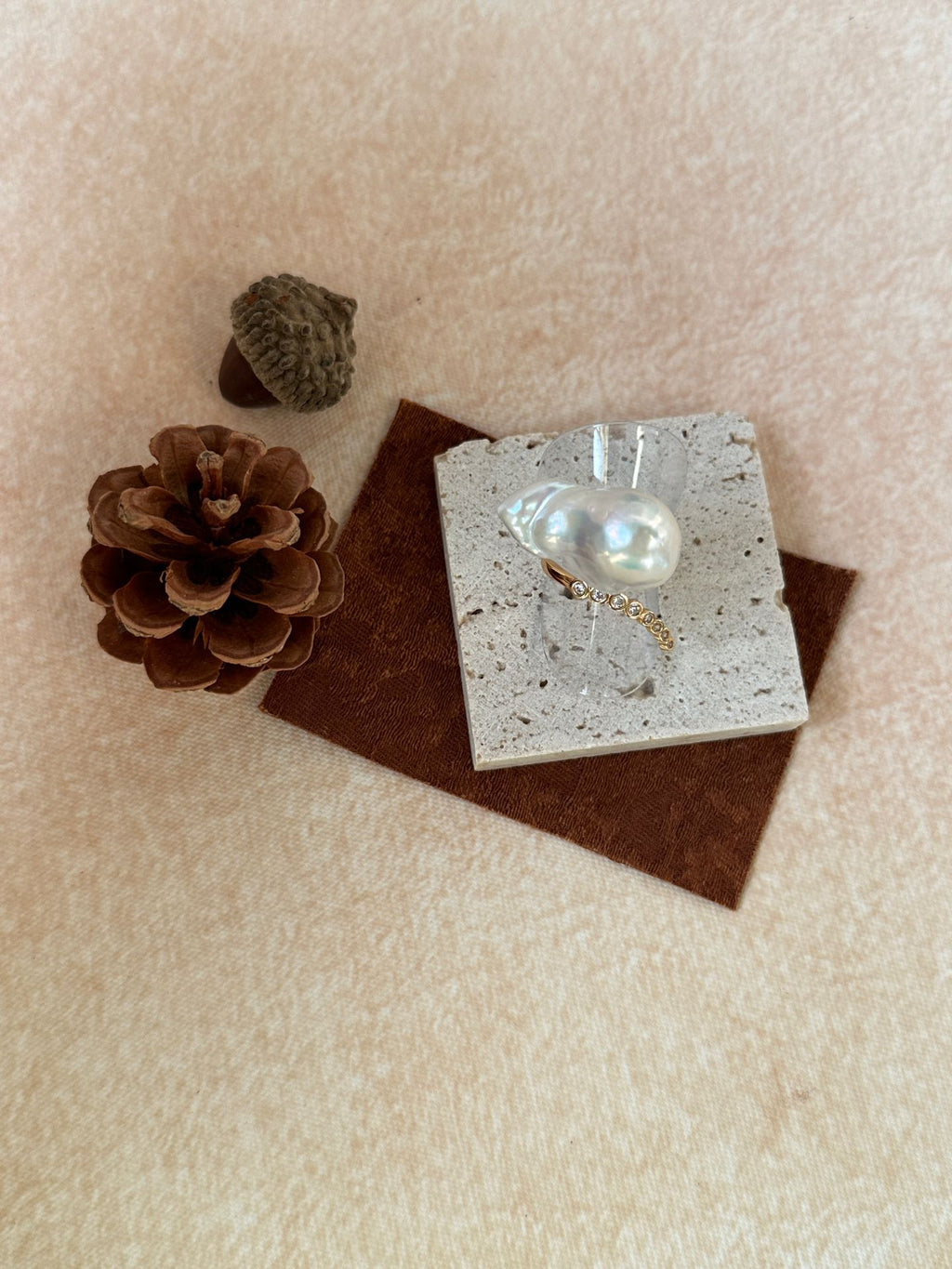 Luxe Curved Pave Bar & Large Baroque Pearl Open Ring
